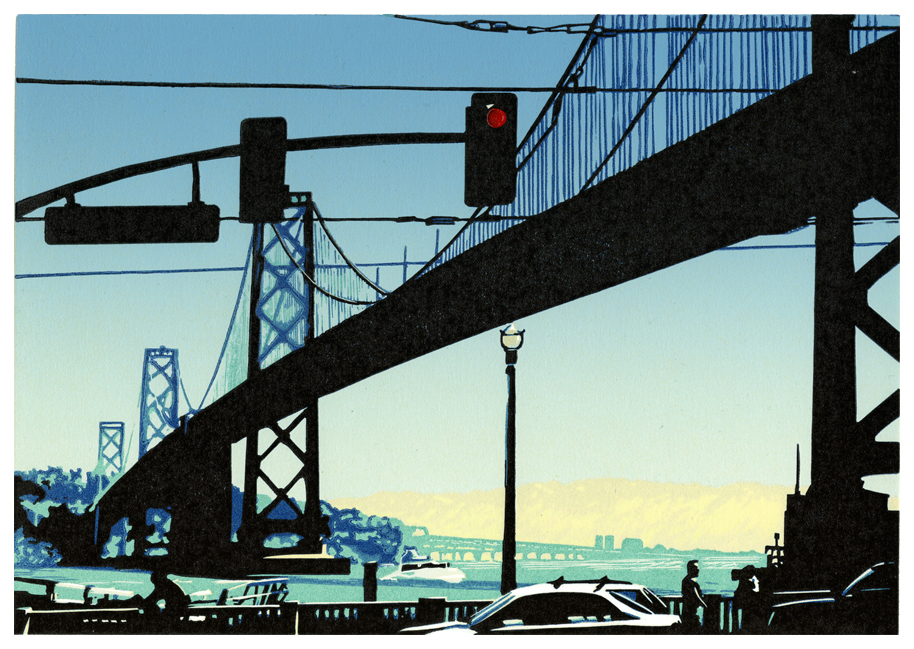The Bay Bridge, San Francisico, Lino Cut Print, Matthew Braithwaite Prints